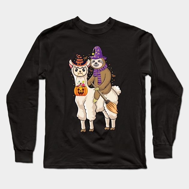cute Lazy Sloth riding llama Witch Hat Halloween Animal lovers Halloween sloth Long Sleeve T-Shirt by UNXart